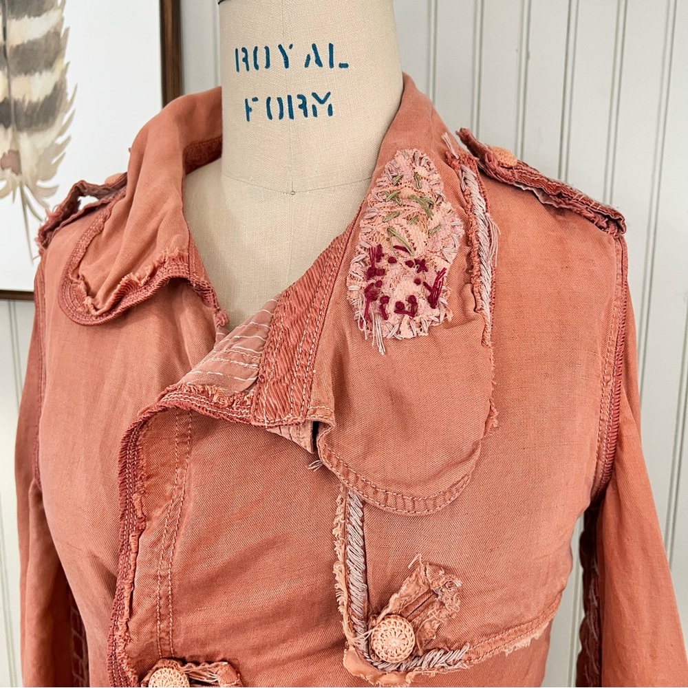 Shangana Hanmade Linen Patchwork Exposed Stitch Mid Length Duster Trench Coat - Picture 10 of 15